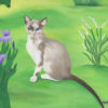 Proud Siamese Cat print is a Siamese cat standing with front paws straight and his bottom down. He has a serious look on his face. He's in short grass and has some purple iris flowers near him.