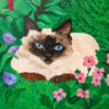 Siamese Cat Print is laying in a field of flowers and plants