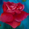 Red Rose Print is a giant red rose surrounded by a couple of new buds and a dramatic dark blue and teal back ground