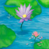 Lotus Print is a canvas print of a purple lotus coming out of the water. Their is a small pink lotus below and to the right of the dominate flower. The pink flower is losing some petals. The lotus's are surrounded by lily pads. There is a dragonfly approaching the purple lotus on the upper left.