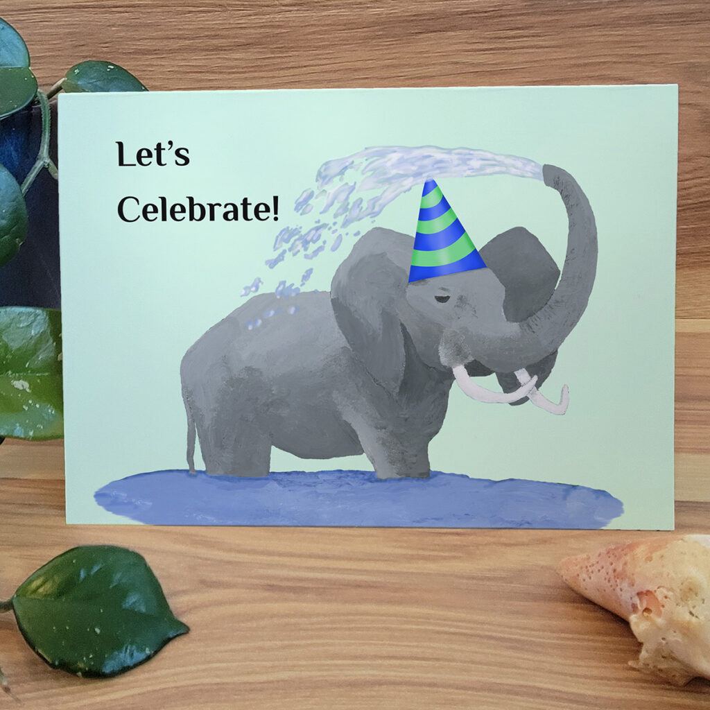 An elephant blowing water over his back with a party had on.