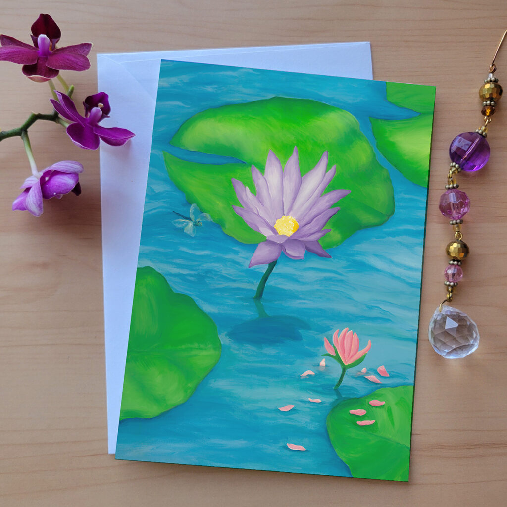 A calming image of 2 lotus flowers in a pond.