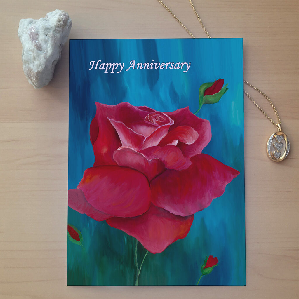 Image of a red rose on a teal background. Says "Happy Anniversary".