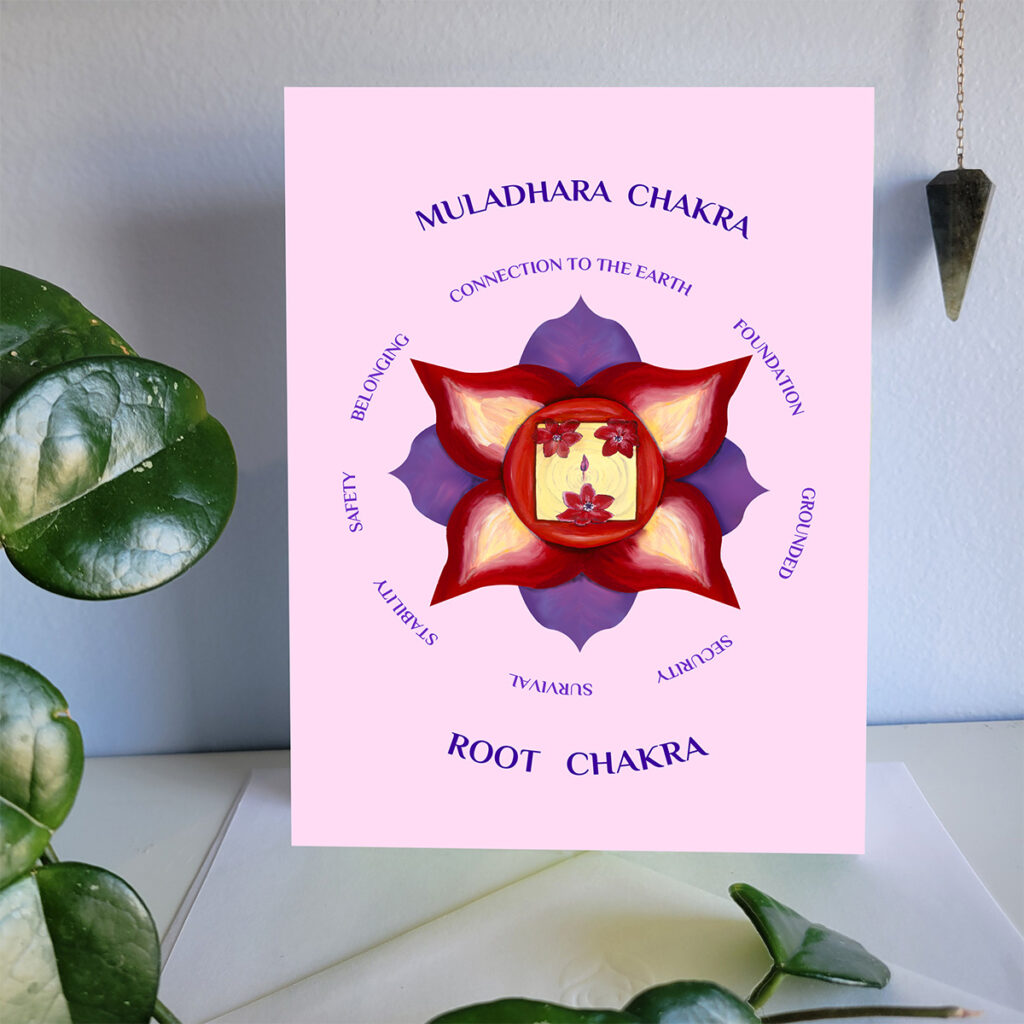 4 leaf lotus red flower depicting the root chakra. Card has words encircling the flower that represent the base chakra qualities.