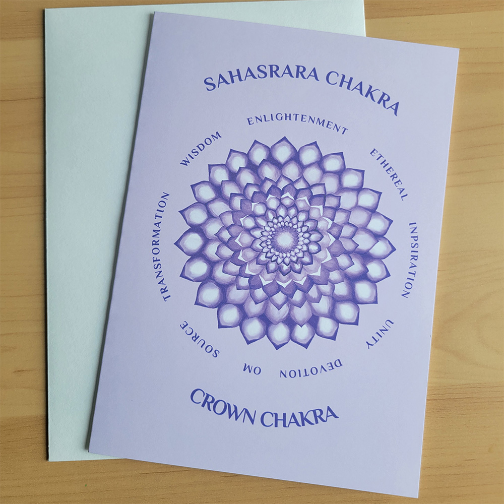 Title Sahasrara Chakra, Crown Chakra. Other text says, "enlightenment, ethereal, inspiration, unity, devotion, om, source, transformation, wisdom