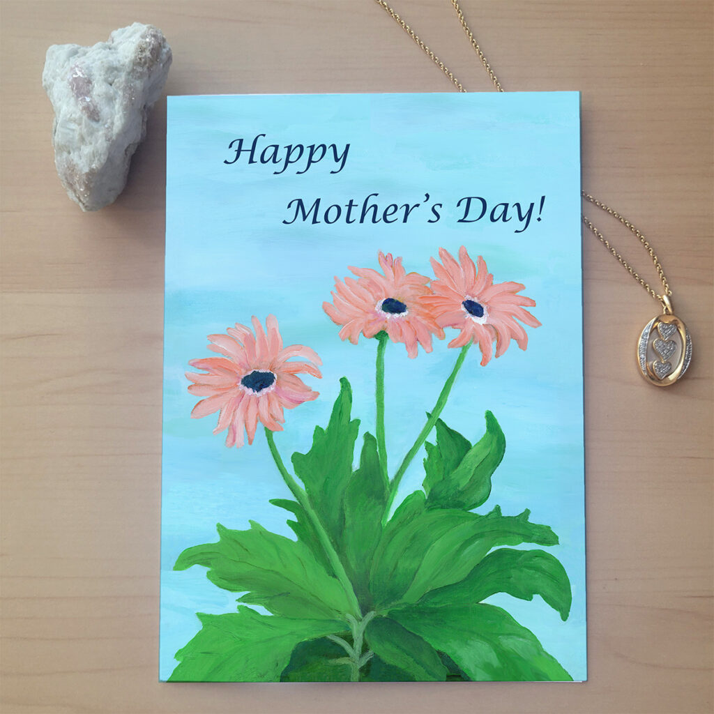 3 Daisies with the words "Happy Mother's Day" on a sky background.