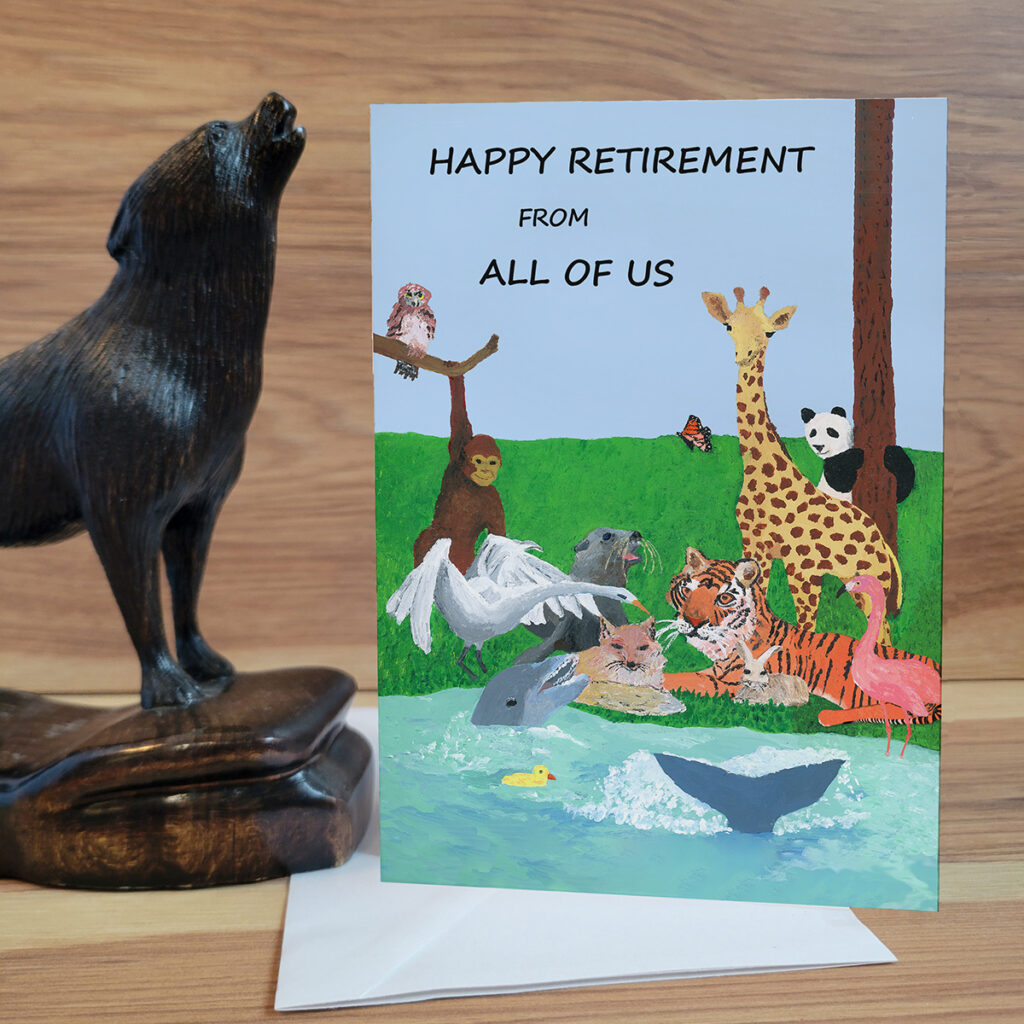 Retirement card showing several animals around a pond.