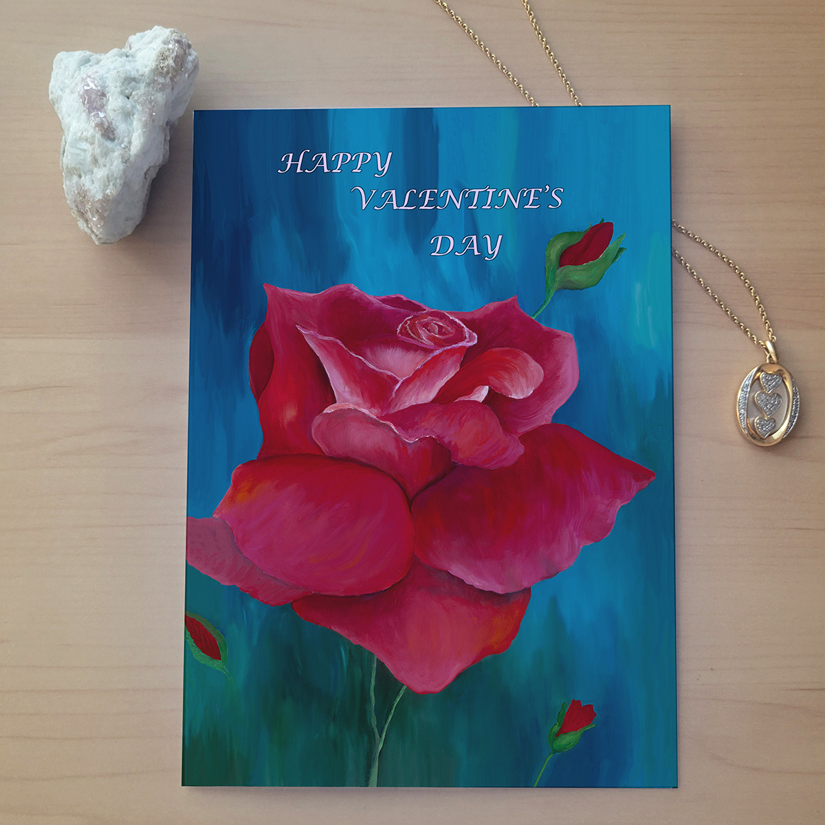Rose painting with buds Valentine's Card.