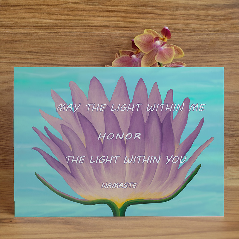 A card with a lavender lotus on a water background.