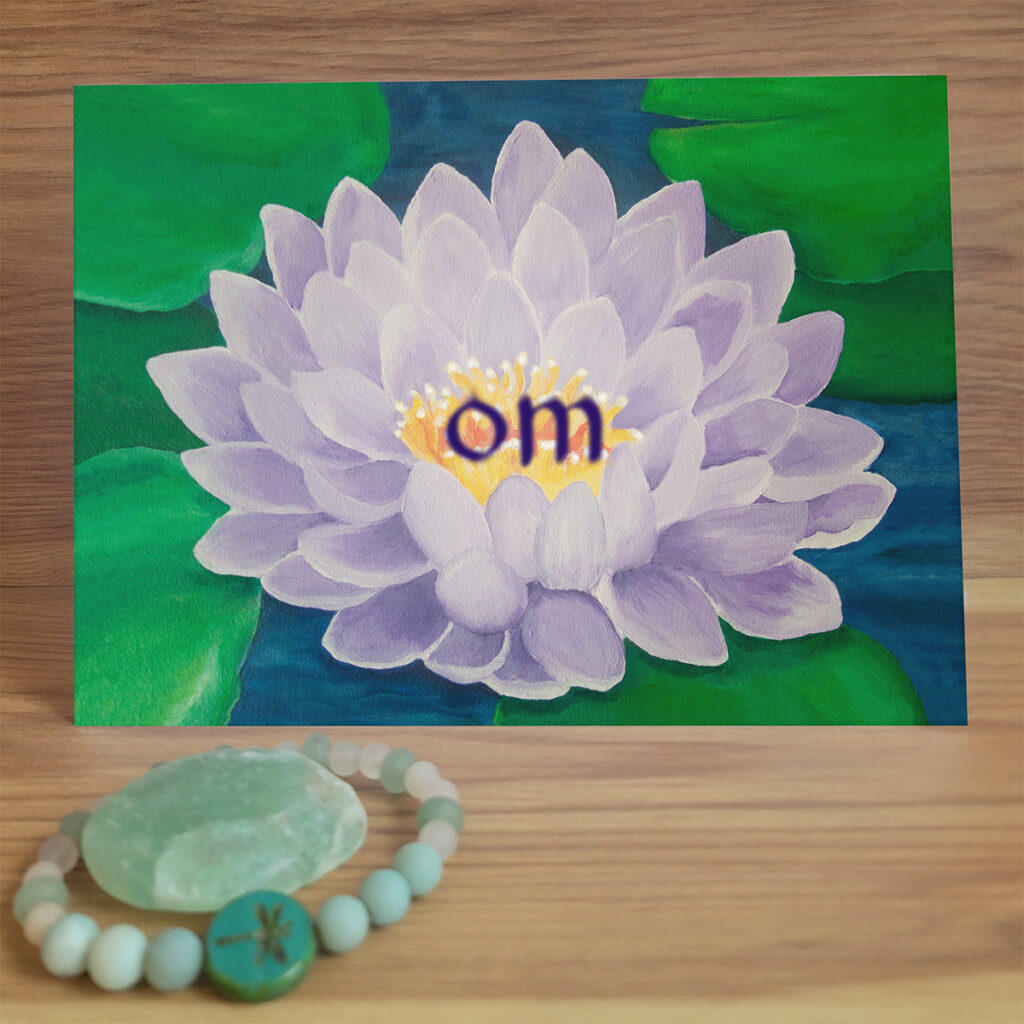 Lotus flower in pond the the word "Om" in the center.