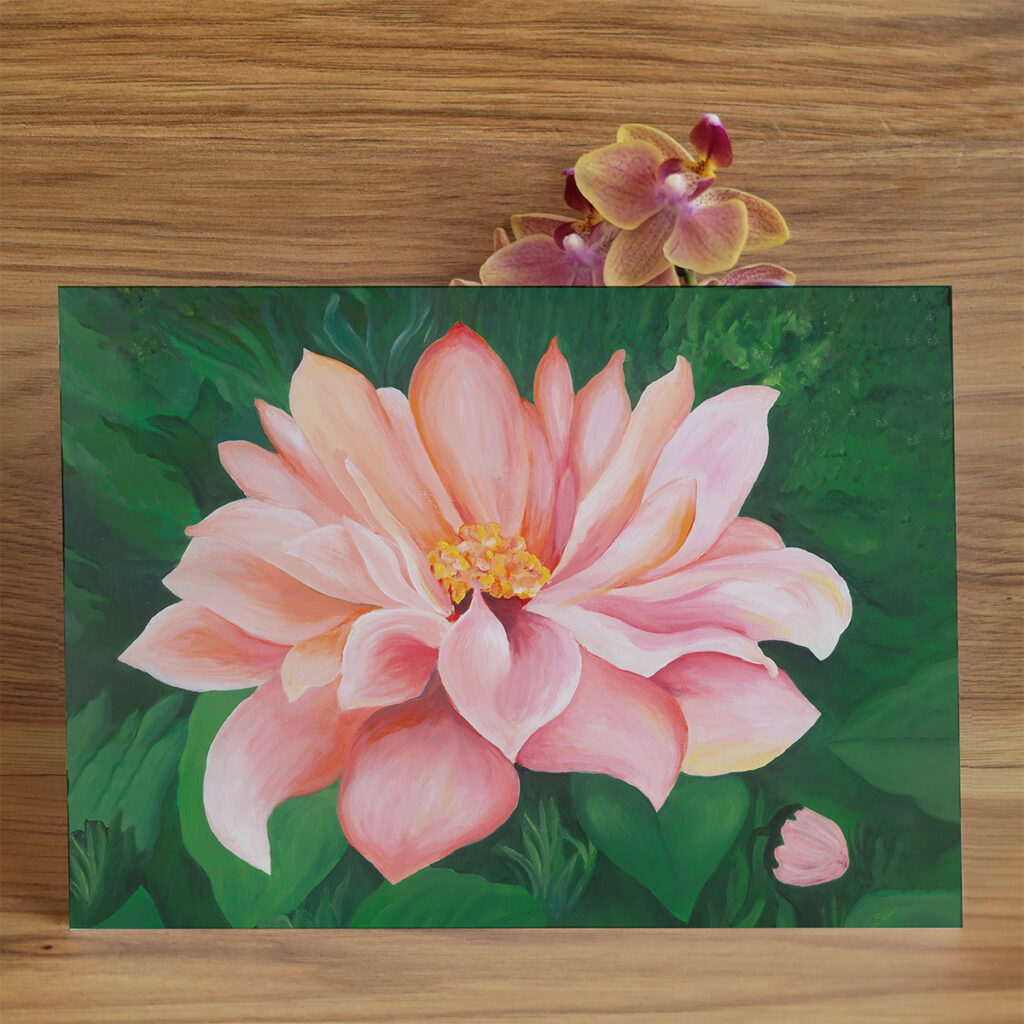 Lush Peach orchid flower card on a leafy green backgound