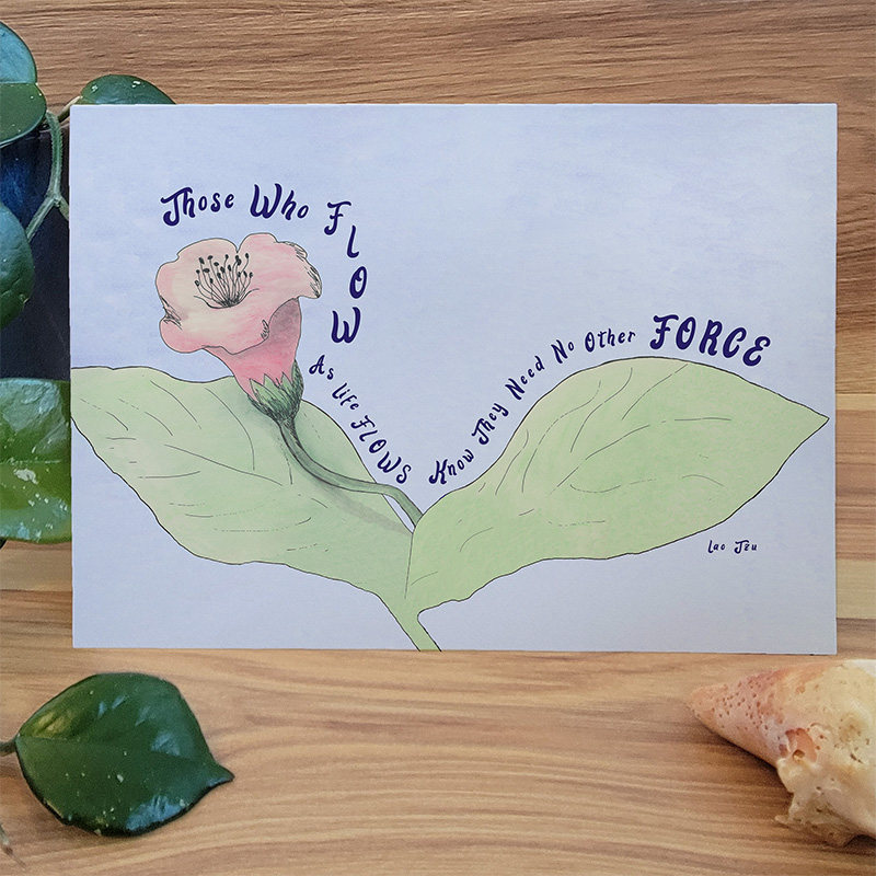 A single pink flower with 2 large leaves. The text flows around the flower.